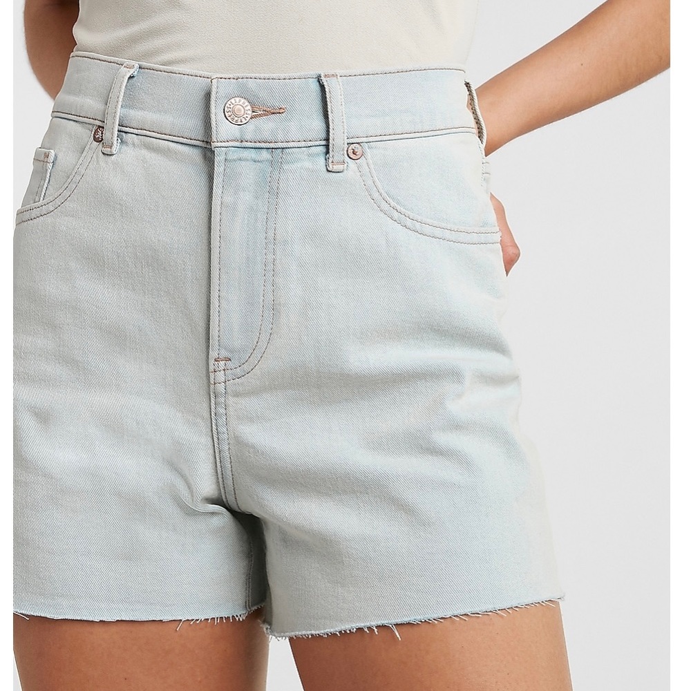 Express Mid High Waisted Light Wash Raw Hem Jean Shorts